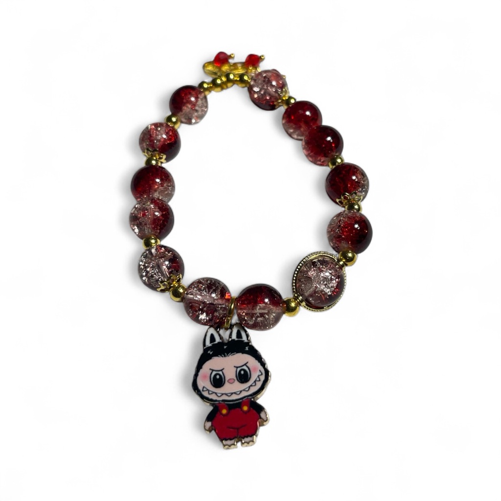Labubu Stretchy Red And White Glass Beaded Bracelet With Labubu Charm